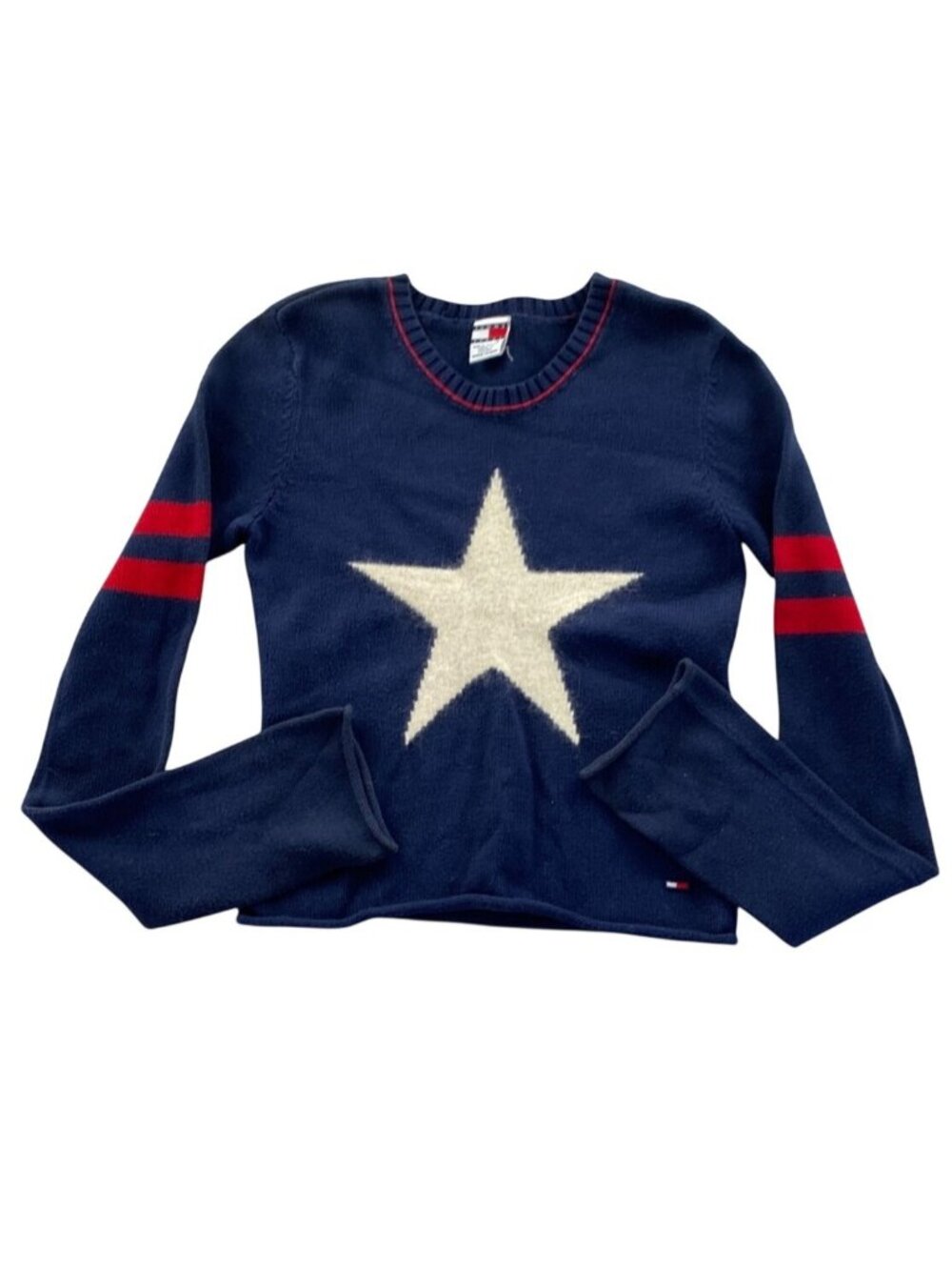 Tommy Jeans Womens Sweater Medium Blue Star V-Neck Pullover Knit Cropped Y2K